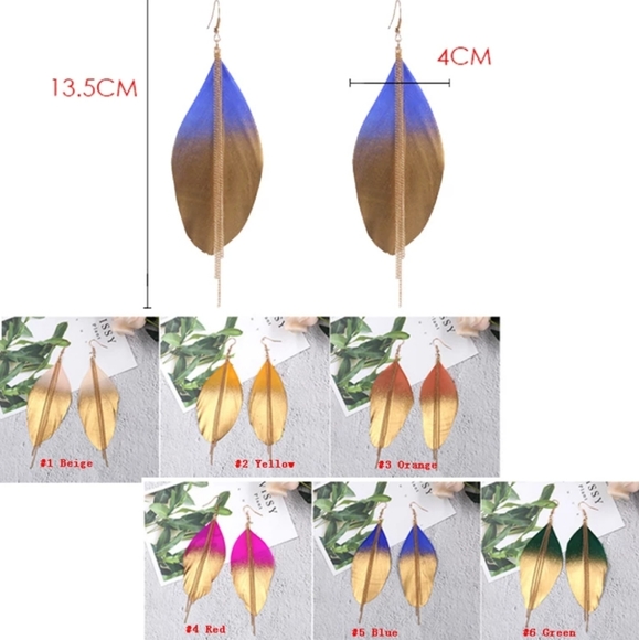 Exotic Feather Dipped in Gold Long Earrings 4in - Picture 2 of 5